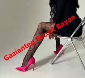 Woman sitting on a metal chair wearing patterned stockings and bright pink high heels; red watermark across reads Gaziantep Escort Bayan.