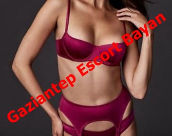 Woman in burgundy lingerie posing in a studio; red diagonal watermark reads 'Gaziantep Escort Bayan'.