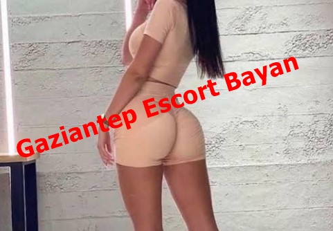 Woman stands with back to camera in beige outfit; red text overlay reads 'Gaziantep Escort Bayan', indicating an escort services ad.